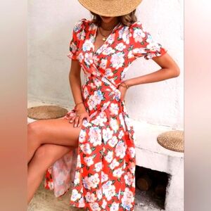 Romantic Orange Wrap Dress Floral Fluffy Sleeves Cross V Neck Lace Up Waist Sz L